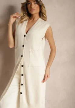 Jasnobeżowa Długa Kamizelka z Dzianiny z Wełną i Guzikami Issarae