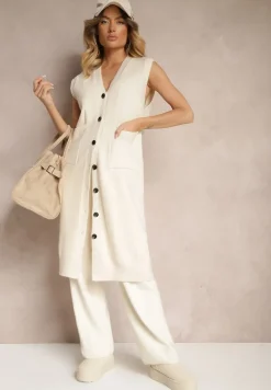 Jasnobeżowa Długa Kamizelka z Dzianiny z Wełną i Guzikami Issarae