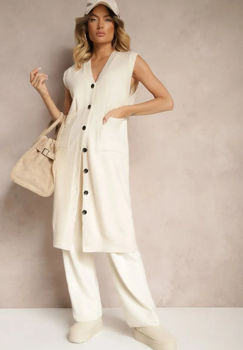 Jasnobeżowa Długa Kamizelka z Dzianiny z Wełną i Guzikami Issarae