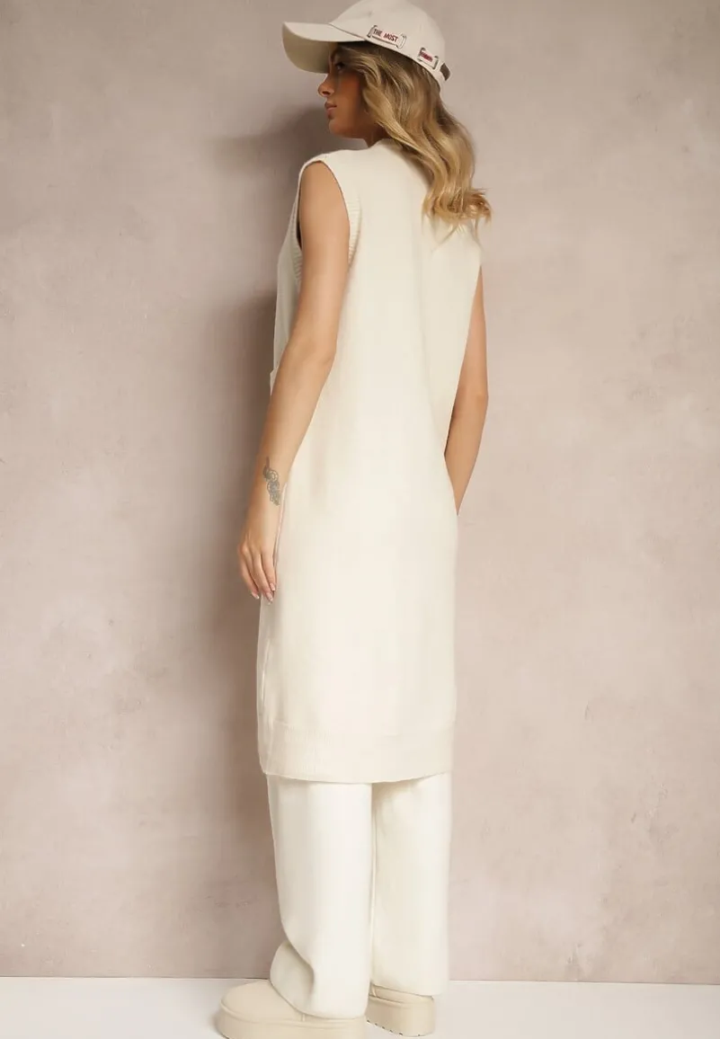 Jasnobeżowa Długa Kamizelka z Dzianiny z Wełną i Guzikami Issarae