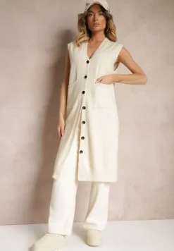 Jasnobeżowa Długa Kamizelka z Dzianiny z Wełną i Guzikami Issarae