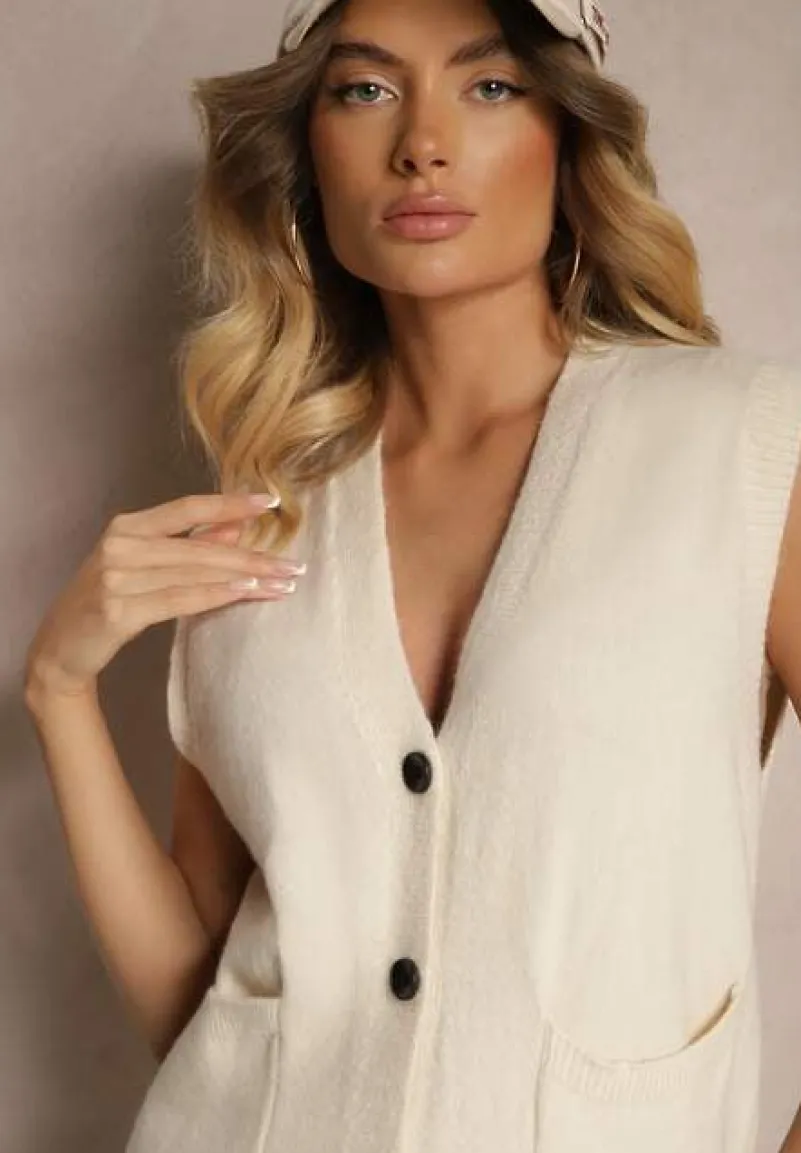 Jasnobeżowa Długa Kamizelka z Dzianiny z Wełną i Guzikami Issarae