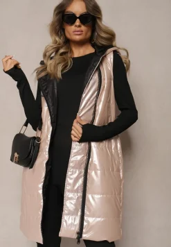 Jasnobeżowa Długa Kamizelka Pikowana z Naszywką i Kapturem Mevianis