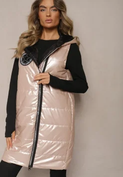 Jasnobeżowa Długa Kamizelka Pikowana z Naszywką i Kapturem Mevianis