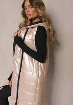 Jasnobeżowa Długa Kamizelka Pikowana z Naszywką i Kapturem Mevianis