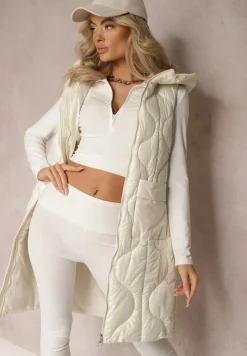 Jasnobeżowa Długa Kamizelka z Wsuwanymi Kieszeniami i Kapturem Manzella