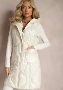 Jasnobeżowa Długa Kamizelka z Wsuwanymi Kieszeniami i Kapturem Manzella