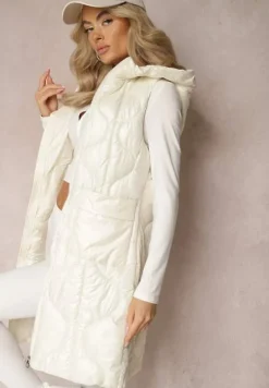 Jasnobeżowa Długa Kamizelka z Wsuwanymi Kieszeniami i Kapturem Manzella