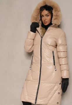 Jasnobeżowa Długa Kurtka Pikowana z Kapturem i Odpinanym Futerkiem Semivin