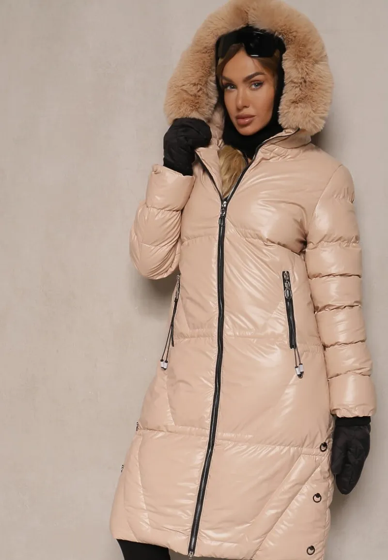 Jasnobeżowa Długa Kurtka Pikowana z Kapturem i Odpinanym Futerkiem Semivin