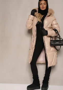 Jasnobeżowa Długa Kurtka Pikowana z Kapturem i Odpinanym Futerkiem Semivin