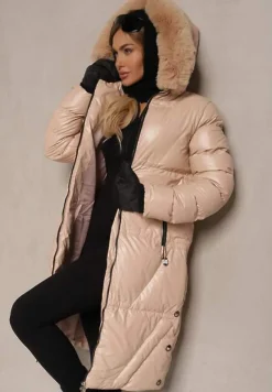 Jasnobeżowa Długa Kurtka Pikowana z Kapturem i Odpinanym Futerkiem Semivin