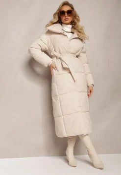 Jasnobeżowa Długa Kurtka Pikowana Płaszcz z Paskiem Adellesstta