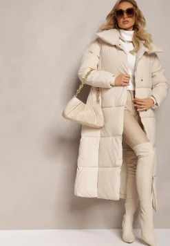 Jasnobeżowa Długa Kurtka Pikowana Płaszcz z Paskiem Adellesstta