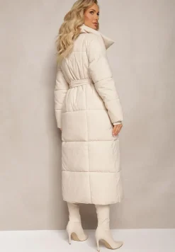 Jasnobeżowa Długa Kurtka Pikowana Płaszcz z Paskiem Adellesstta