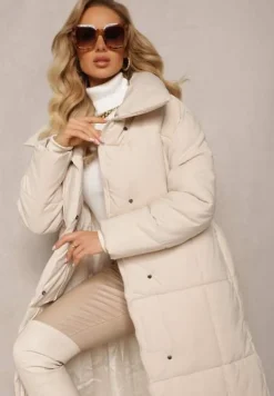 Jasnobeżowa Długa Kurtka Pikowana Płaszcz z Paskiem Adellesstta