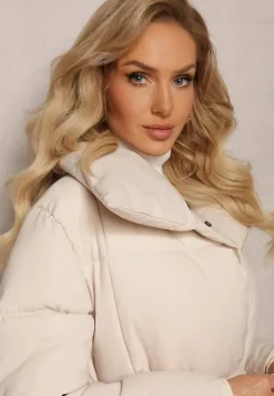 Jasnobeżowa Długa Kurtka Pikowana Płaszcz z Paskiem Adellesstta