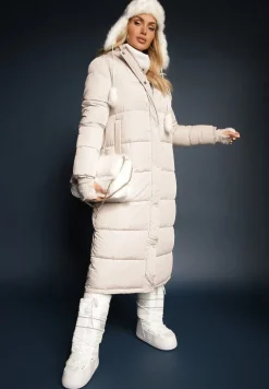Jasnobeżowa Długa Kurtka Pikowana z Kapturem i Sznurkami Sassila