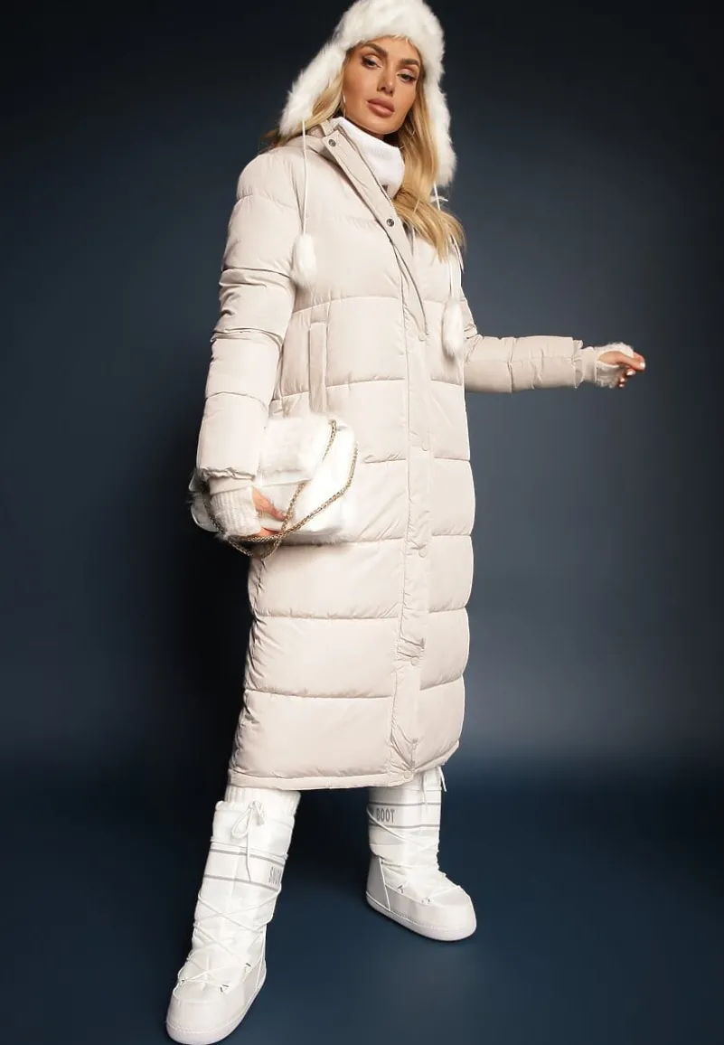Jasnobeżowa Długa Kurtka Pikowana z Kapturem i Sznurkami Sassila