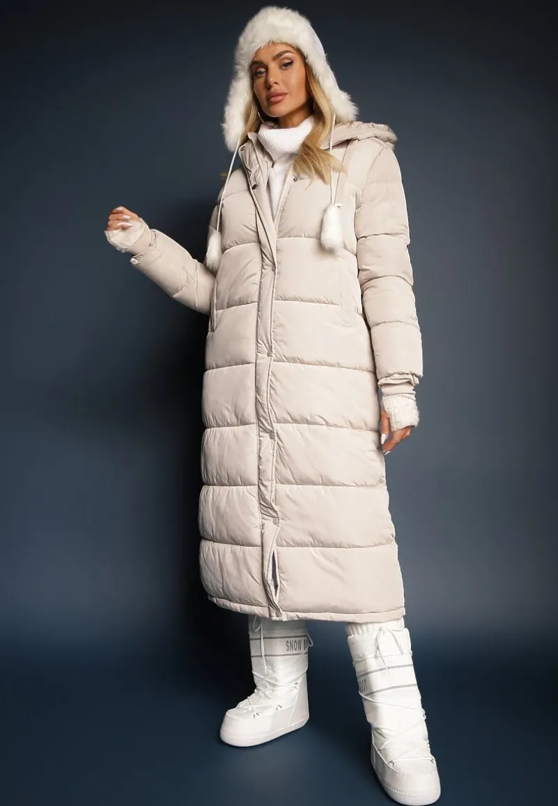 Jasnobeżowa Długa Kurtka Pikowana z Kapturem i Sznurkami Sassila