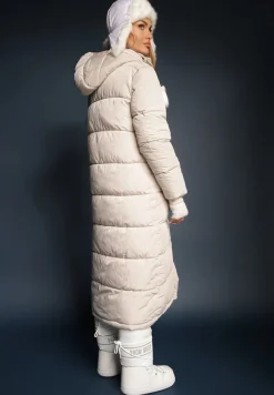 Jasnobeżowa Długa Kurtka Pikowana z Kapturem i Sznurkami Sassila