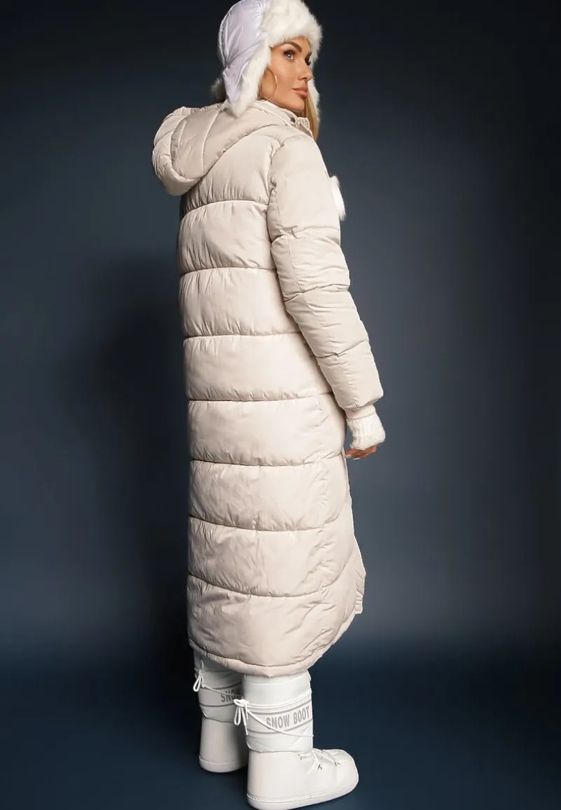 Jasnobeżowa Długa Kurtka Pikowana z Kapturem i Sznurkami Sassila