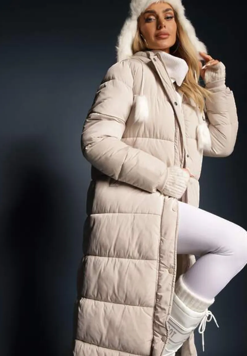 Jasnobeżowa Długa Kurtka Pikowana z Kapturem i Sznurkami Sassila