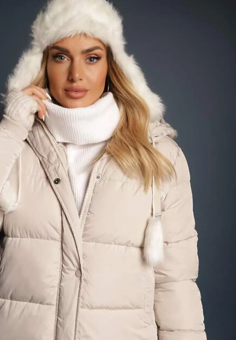 Jasnobeżowa Długa Kurtka Pikowana z Kapturem i Sznurkami Sassila