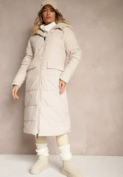 Jasnobeżowa Długa Kurtka z Kapturem o Dwustronnym Kroju z Pikowaniem i Futrzaną Podszewką Ilvirra