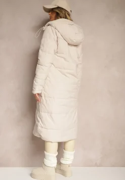 Jasnobeżowa Długa Kurtka z Kapturem o Dwustronnym Kroju z Pikowaniem i Futrzaną Podszewką Ilvirra