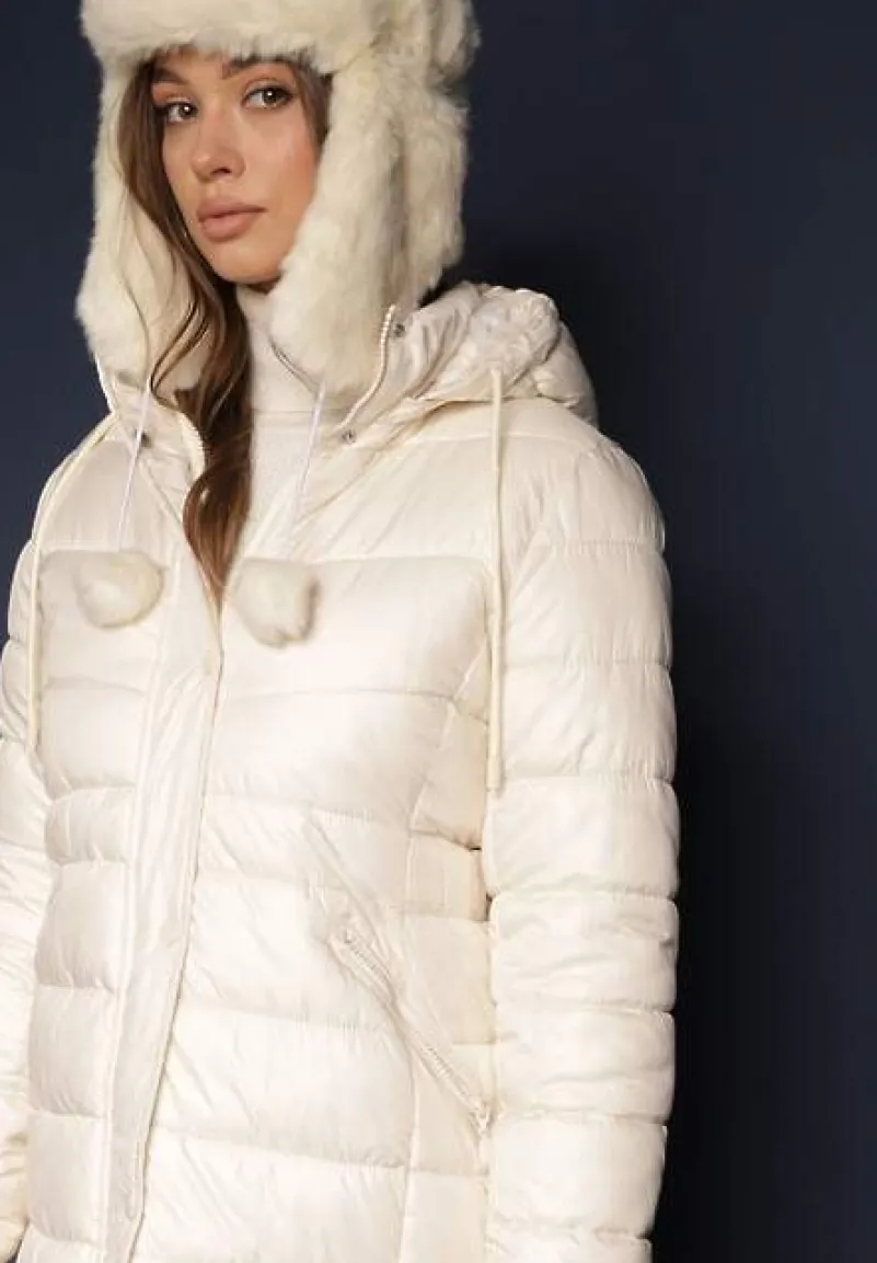 Jasnobeżowa Długa Kurtka z Kapturem i Dwustronnym Suwakiem Zdobiona Pikowaniem Sanvela