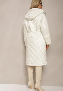 Jasnobeżowa Długa Kurtka z Kapturem i Paskiem w Talii Zdobiona Pikowanymi Przeszyciami Nikilya