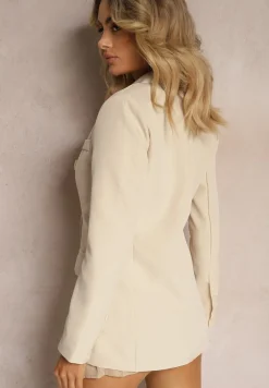 Jasnobeżowa Dwurzędowa Marynarka z Ozdobnymi Klapami Elizabeto