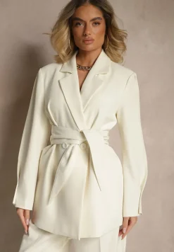 Jasnobeżowa Dwurzędowa Marynarka z Geometrycznym Wiązanym Paskiem Lanniva