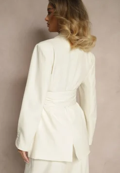 Jasnobeżowa Dwurzędowa Marynarka z Geometrycznym Wiązanym Paskiem Lanniva