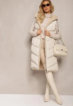 Jasnobeżowa Dwustronna Kamizelka Pikowana z Futerkiem Madalan