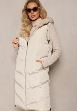 Jasnobeżowa Dwustronna Kamizelka Pikowana z Futerkiem Madalan