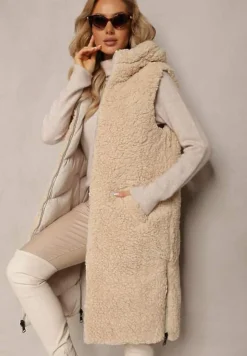 Jasnobeżowa Dwustronna Kamizelka Pikowana z Futerkiem Madalan