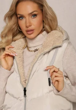 Jasnobeżowa Dwustronna Kamizelka Pikowana z Futerkiem Madalan