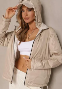 Jasnobeżowa Dwustronna Kurtka z Pikowanymi Przeszyciami i Odpinanym Kapturem Zelirelle