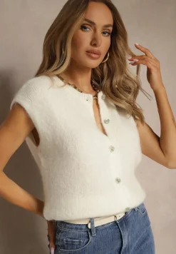 Jasnobeżowa Dzianinowa Kamizelka z Moherem z Zapięciem na Guziki Vorlina