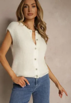 Jasnobeżowa Dzianinowa Kamizelka z Moherem z Zapięciem na Guziki Vorlina