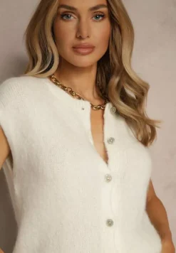 Jasnobeżowa Dzianinowa Kamizelka z Moherem z Zapięciem na Guziki Vorlina