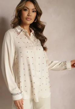 Jasnobeżowa Elegancka Koszula z Długim Rękawem z Błyszczącymi Ćwiekami i Cyrkoniami Ednasia