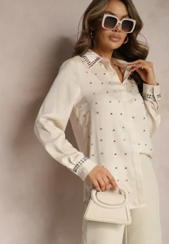 Jasnobeżowa Elegancka Koszula z Długim Rękawem z Błyszczącymi Ćwiekami i Cyrkoniami Ednasia