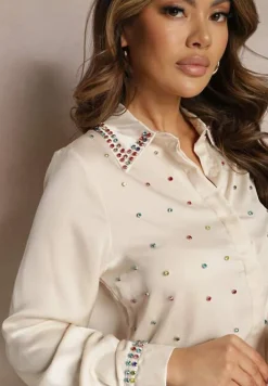 Jasnobeżowa Elegancka Koszula z Długim Rękawem z Błyszczącymi Ćwiekami i Cyrkoniami Ednasia