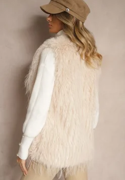 Jasnobeżowa Futerkowa Kamizelka o Prostym Kroju z Kieszeniami Venialith