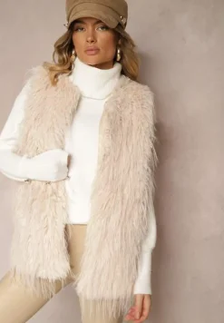 Jasnobeżowa Futerkowa Kamizelka o Prostym Kroju z Kieszeniami Venialith