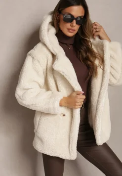 Jasnobeżowa Futerkowa Kurtka Teddy z Kapturem z Wsuwanymi Kieszeniami Gerovia