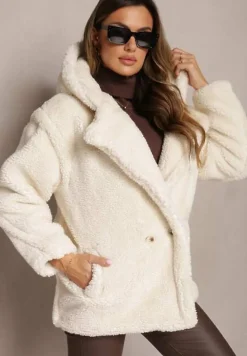 Jasnobeżowa Futerkowa Kurtka Teddy z Kapturem z Wsuwanymi Kieszeniami Gerovia